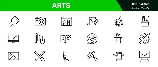 Doğrusal biçimde çizgi simgeleri kümesi. Sanat ve kültür serisi. Yaratıcılık, heykel, mimarlık, müze, tiyatro, galeri ve resim. Taslak simge koleksiyonu.