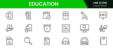 Eğitim ve öğrenme çizgisi simgeleri ayarlandı. Eğitim, Okul ve Öğrenme ikonları. Vektör illüstrasyonu