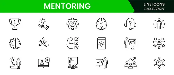 Akıl hocalığı ile ilgili bir dizi satır simgesi. Akıl hocası, eğitim, beceri, liderlik, hedef, zaman, iletişim, plan, eğitim vesaire. Vektör çizgisi simgeleri ayarlandı.