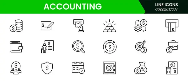 Çizgi biçiminde web simgelerinin muhasebe sebesi. Web ve mobil uygulama için muhasebe ve denetim simgeleri. Mali rapor ve denetim, fatura, vergi iadesi, muhasebe, denetleme, teftiş ve daha fazlasını içeren.