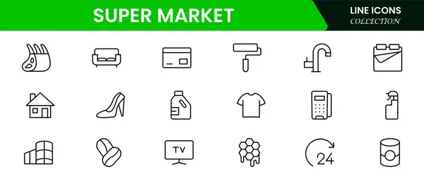 Süpermarket E-ticaret hattı simgeleri ayarlandı. İnternetten alışveriş yapmak ince çizgi simgeleri. E-ticaret sembolleri koleksiyonu. 