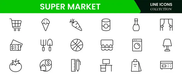 Süpermarket E-ticaret hattı simgeleri ayarlandı. İnternetten alışveriş yapmak ince çizgi simgeleri. E-ticaret sembolleri koleksiyonu. 