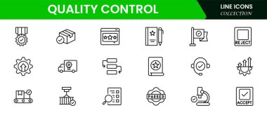 Kalite kontrol web simgeleri vektör illüstrasyonunu ayarlar. Kalite kontrol, teftiş, yönetim, analiz, sertifika, standartlar ve uyum için ince çizgi simgeleri.