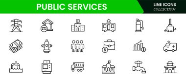 Kamu hizmetleri, hizmet. Doğrusal biçimde çizgi simgeleri kümesi. Elektrik, su, gaz, drenaj, çöp kaldırma, büyük onarımlar, ısıtma, soğuk, sıcak su. Ana kavramsal resim grafiği