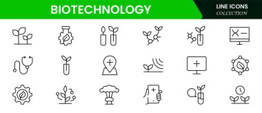  Biyoteknoloji çizgisi simgeleri. Bilimsel, yenilik, bilim adamı, deney, mikroskop, etkileşim ve bilim için ikonlar içerir. Minimalis vektör simgesi ve resimleme.