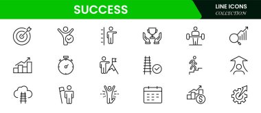 Başarı çizgisi simgeleri koleksiyonu. Büyük UI simgesi düz dizayn edildi. İnce taslak simgeler paketi. Vektör illüstrasyonu