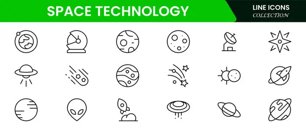 Uzay ve Teknoloji ikonu seti. Uydular, evren, astronotlar, roketler, kuyrukluyıldızlar, teleskoplar ve gezegenler ve daha fazla ikon içerir.