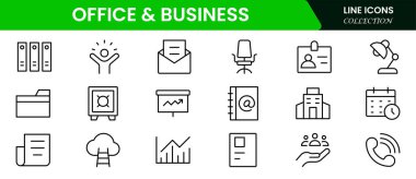 Ofis ve İş Hattı ikonları koleksiyonu. Büyük UI simgesi düz dizayn edildi. İnce taslak simgeler paketi. Vektör illüstrasyonu