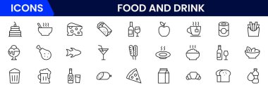 Yemek ve içecek web simgeleri aynı hizada. Yemek, restoran, yemek, meyve, fast food, burger, pizza, kahve, sandviç, koleksiyon. Vektör illüstrasyonu.