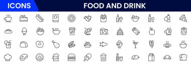 Yemek ve içecek web simgeleri aynı hizada. Yemek, restoran, yemek, meyve, fast food, burger, pizza, kahve, sandviç, koleksiyon. Vektör illüstrasyonu.