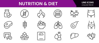 Beslenme ve Diyet, Sağlıklı Yemek ve Detox Diyet Vektörü Simgeleri. Metabolizma, Caunt Calories, Palm yağı içermeyen, trans yağ, probiyotik gibi ikonlar içerir. Basit Taslak simgeleri koleksiyonu.