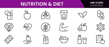 Beslenme ve Diyet, Sağlıklı Yemek ve Detox Diyet Vektörü Simgeleri. Metabolizma, Caunt Calories, Palm yağı içermeyen, trans yağ, probiyotik gibi ikonlar içerir. Basit Taslak simgeleri koleksiyonu.