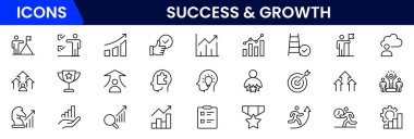 Başarı ve büyüme web simgeleri çevrimiçi stil. El sıkışma, büyüme karı, yenilik, satışın artması, koçluk, ilerleme, strateji, başarı, koleksiyon. Vektör illüstrasyonu.
