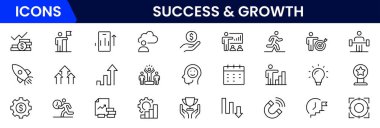 Başarı ve büyüme web simgeleri çevrimiçi stil. El sıkışma, büyüme karı, yenilik, satışın artması, koçluk, ilerleme, strateji, başarı, koleksiyon. Vektör illüstrasyonu.