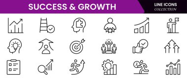 Başarı ve büyüme web simgeleri çevrimiçi stil. El sıkışma, büyüme karı, yenilik, satışın artması, koçluk, ilerleme, strateji, başarı, koleksiyon. Vektör illüstrasyonu.