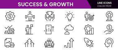 Başarı ve büyüme web simgeleri çevrimiçi stil. El sıkışma, büyüme karı, yenilik, satışın artması, koçluk, ilerleme, strateji, başarı, koleksiyon. Vektör illüstrasyonu.
