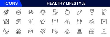 Sağlıklı yaşam ikonu seti. Diyet, egzersiz, uyku, koşu, rutin, spor, beslenme, kardiyo egzersizleri, spor malzemeleri, yoga, öz bakım, kültür ve hobiler için ikonlar içerir.