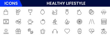 Sağlıklı yaşam ikonu seti. Diyet, egzersiz, uyku, koşu, rutin, spor, beslenme, kardiyo egzersizleri, spor malzemeleri, yoga, öz bakım, kültür ve hobiler için ikonlar içerir.