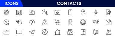 Satır simgesi setiyle bağlantı kurun. Sohbet, isim, adres, e-posta, mesaj, telefon ve daha fazlası. Doğrusal olarak taslak vektör simgesi. Kavramsal resim koleksiyonu