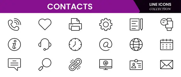 Satır simgesi setiyle bağlantı kurun. Sohbet, isim, adres, e-posta, mesaj, telefon ve daha fazlası. Doğrusal olarak taslak vektör simgesi. Kavramsal resim koleksiyonu