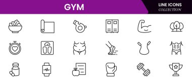 Spor salonu ve spor salonu ikonu seti. Sağlıklı yaşam tarzı, ağırlık çalışması, vücut bakımı ve egzersiz malzemesi ikonları içerir. Vektör illüstrasyon web çizgisi simgesi koleksiyonu 