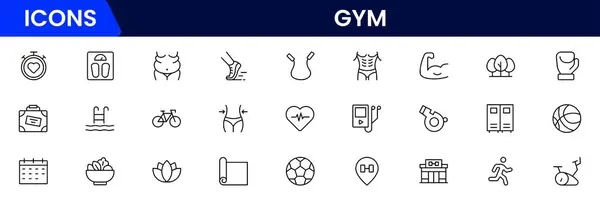 Spor salonu ve spor salonu ikonu seti. Sağlıklı yaşam tarzı, ağırlık çalışması, vücut bakımı ve egzersiz malzemesi ikonları içerir. Vektör illüstrasyon web çizgisi simgesi koleksiyonu 