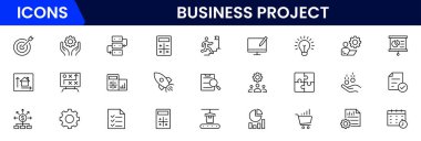 Doğrusal olarak web simgelerinden oluşan bir iş seti. Web ve mobil uygulamalar için iş projesi simgeleri. İş, organizasyon yönetimi, planlama, proje, girişim, pazarlama, takım çalışması. Vektör illüstrasyonu