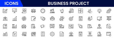 Doğrusal olarak web simgelerinden oluşan bir iş seti. Web ve mobil uygulamalar için iş projesi simgeleri. İş, organizasyon yönetimi, planlama, proje, girişim, pazarlama, takım çalışması. Vektör illüstrasyonu