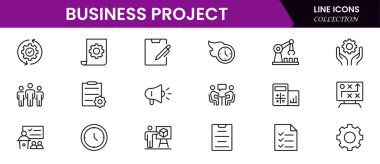 Doğrusal olarak web simgelerinden oluşan bir iş seti. Web ve mobil uygulamalar için iş projesi simgeleri. İş, organizasyon yönetimi, planlama, proje, girişim, pazarlama, takım çalışması. Vektör illüstrasyonu