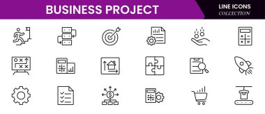 Doğrusal olarak web simgelerinden oluşan bir iş seti. Web ve mobil uygulamalar için iş projesi simgeleri. İş, organizasyon yönetimi, planlama, proje, girişim, pazarlama, takım çalışması. Vektör illüstrasyonu