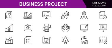 Doğrusal olarak web simgelerinden oluşan bir iş seti. Web ve mobil uygulamalar için iş projesi simgeleri. İş, organizasyon yönetimi, planlama, proje, girişim, pazarlama, takım çalışması. Vektör illüstrasyonu