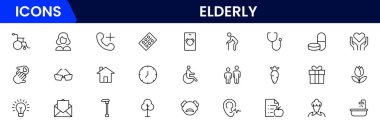 Yaşlı simgesi seti. Yaşlı bakımı, emekli maaşı, görme kaybı ve daha fazlası. çizgi simgesi tarzı. Old age element vektör illüstrasyonu