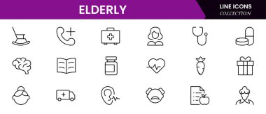 Yaşlı simgesi seti. Yaşlı bakımı, emekli maaşı, görme kaybı ve daha fazlası. çizgi simgesi tarzı. Old age element vektör illüstrasyonu