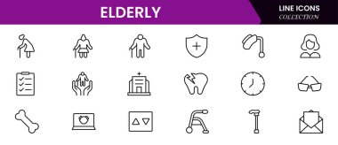 Yaşlı simgesi seti. Yaşlı bakımı, emekli maaşı, görme kaybı ve daha fazlası. çizgi simgesi tarzı. Old age element vektör illüstrasyonu