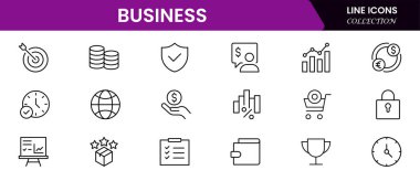 İş ve Finans web simgeleri aynı hizada. Para, banka, bağlantı, bilgi. Simge koleksiyonu. Vektör illüstrasyonu.