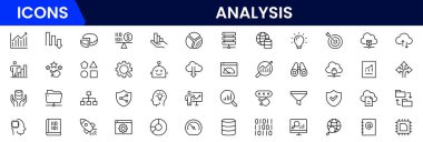 Analitik simge düzenlenebilir vuruşla ayarlandı. Veri analizi ince çizgi simgesi koleksiyonu. Vektör illüstrasyonu