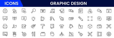 Grafik tasarım web simgeleri duotone anahat çizim tasarımı ile ayarlandı. Renk paleti, içerik, serbest çalışma, baskı, resim, beyin fırtınası, portföy, yaratıcı fikir ve araç içeren resimler paketleyin. Vektör illüstrasyonu.