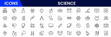Bilim ve araştırma çizgisi simgeleri koleksiyonu. Büyük UI simgesi düz dizayn edildi. İnce taslak simgeler paketi. Vektör illüstrasyonu
