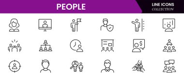 Düz bir şekilde insan simgesi oluşturuldu. Satır simgesi ayarlandı. Yönetim çizgisi simgeleri. Çizgi İş Adamları. İnsan kaynakları. Ofis yönetimi. Vektör illüstrasyonu.