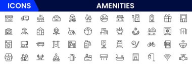 Konforlu tesisler hat simgeleri, otel otoparkı parkı yüzme havuzu, vektör illüstrasyonu.