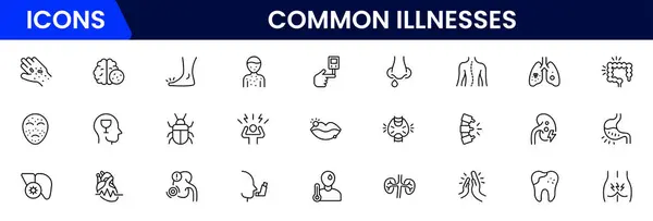 Yaygın Hastalıklar çizgi simgeleri ayarlandı. Yaygın Hastalıklar, düzenlenebilir felç koleksiyonu olan ana hatlar çizer. Bunlar arasında meme kanseri, depresyon, beyin tümörü, alerji, diyabet ve daha fazlası yer alıyor..