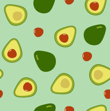 Meyve avokadosuyla kusursuz vektör deseni. Kumaş ve organik, vegan, ham ürün ambalajı. Eko ve sağlıklı yiyecekler için doku. Tekstil ve telefon kılıfı üzerine baskı yapmak için. Avokado izi. Kusursuz desen