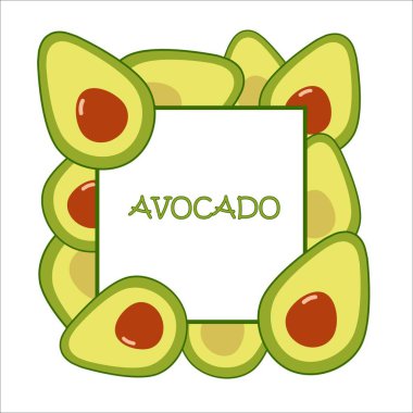 Kesikte çizilmiş avokado kartpostalı var. Avokadoların vektör çizimi. Avokado 'nun düz simgesi beyaz arkaplanda izole edilmiş. Vejetaryen menüsü. Avokado arkaplanı.