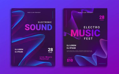 Elektronik müzik festivali posteri. Soyut dalga çizgileri olan parti broşürü tasarımı. Fütürist elektro müzik festivali kapağı tasarımı. Vektör illüstrasyonu