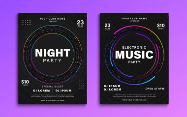 Gece partisi broşürü. Müzik festivali posteri. Dinamik renkli elektro ses örtüsü tasarım şablonu. Vektör illüstrasyonu