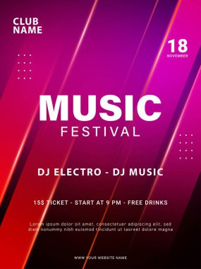 Müzik posteri. Müzikal olay broşürü. Gelecekçi renkli disko partisi tasarımı. Vektör illüstrasyonu