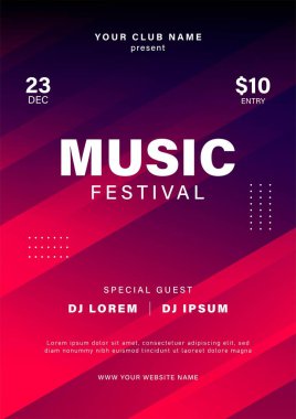 Müzik festivali broşürü tasarımı. Müzikal olay afişi. Gece parti broşürleri. Vektör illüstrasyonu