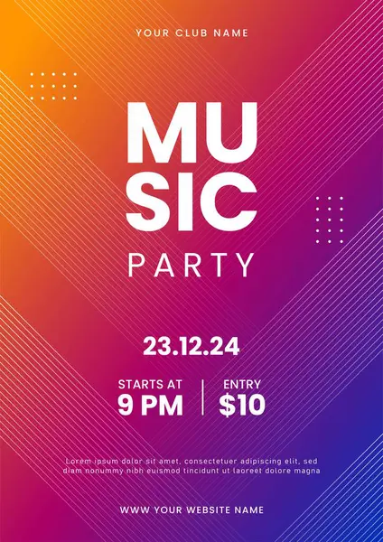 Müzik afişi tasarım şablonu. Soyut gradyan müzik partisi broşürü. Müzik festivali davetiyesi. Vektör illüstrasyonu