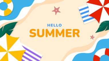 Renkli yaz arka plan tasarımı. Şemsiyeli, yüzme yüzüklü, yapraklı, deniz yıldızlı bir pankart. Yaz tropik tatili. Vektör illüstrasyonu