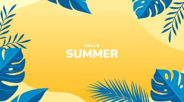 Tropik yapraklar arka planda. Yaz tatili afişi. Vektör illüstrasyonu